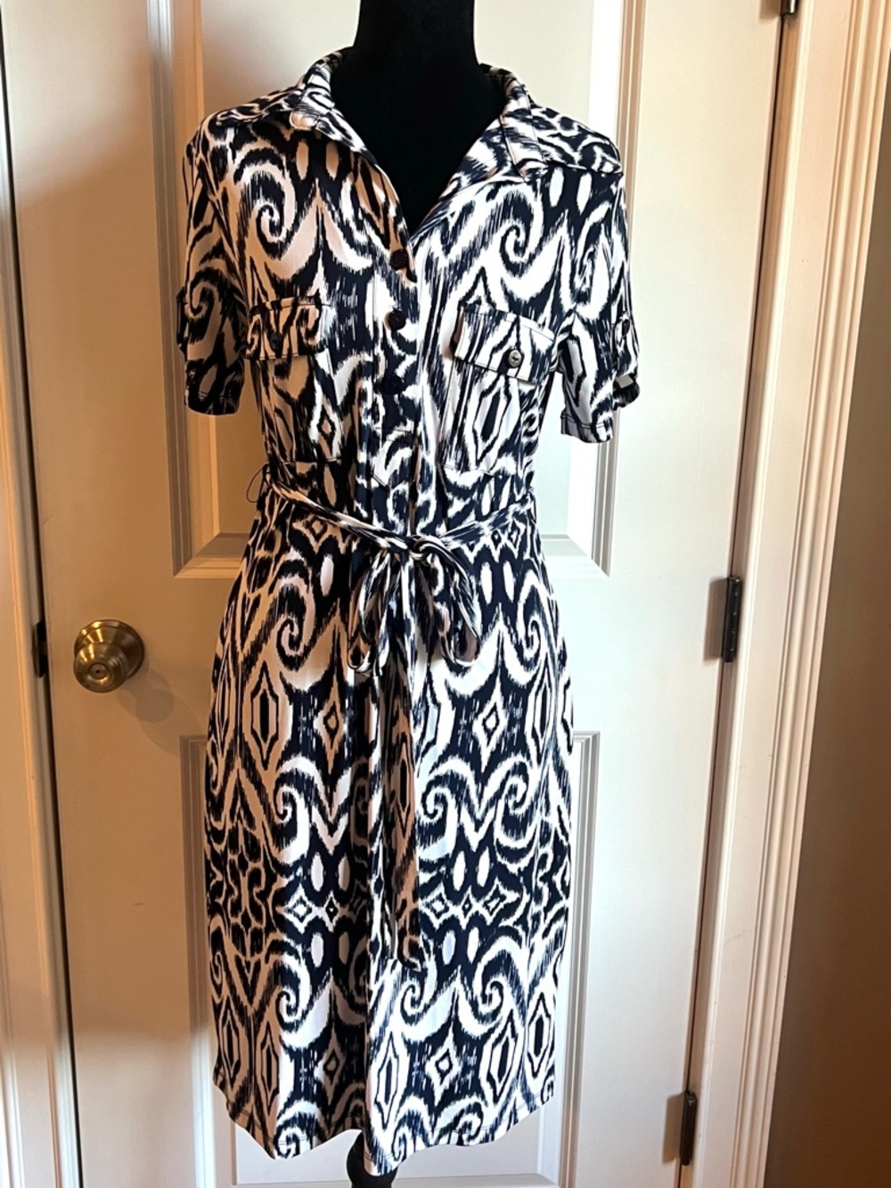 Enfocus Studio Navy and White Printed Midi Shirt Dress with Waist Tie